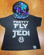 Load image into Gallery viewer, Soft black tee with the text &quot;pretty for a Jedi&quot;. 
