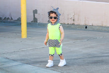 Load image into Gallery viewer, Spiked Checkered Romper-Neon Yellow
