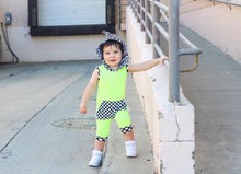 Load image into Gallery viewer, Spiked Checkered Romper-Neon Yellow
