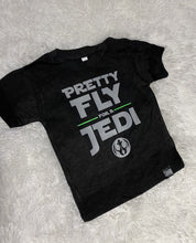 Load image into Gallery viewer, Soft black tee with the text &quot;pretty for a Jedi&quot;. 
